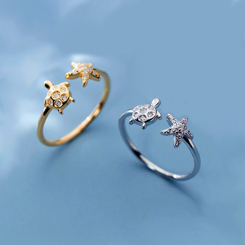 Graceful Mori Inlaid Zircon Cute Animal Turtle Starfish Ring For Women Weloria