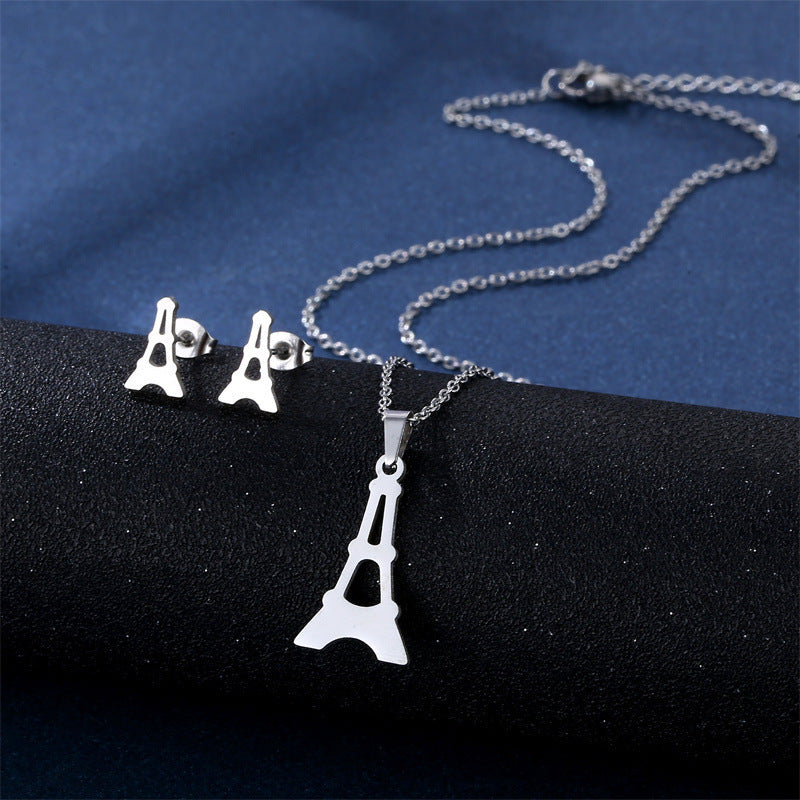 Stainless Steel Necklace Ear Stud Combination Suit Weloria