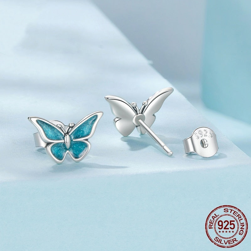 S925 Sterling Silver Blue Butterfly Small Ear Studs Weloria
