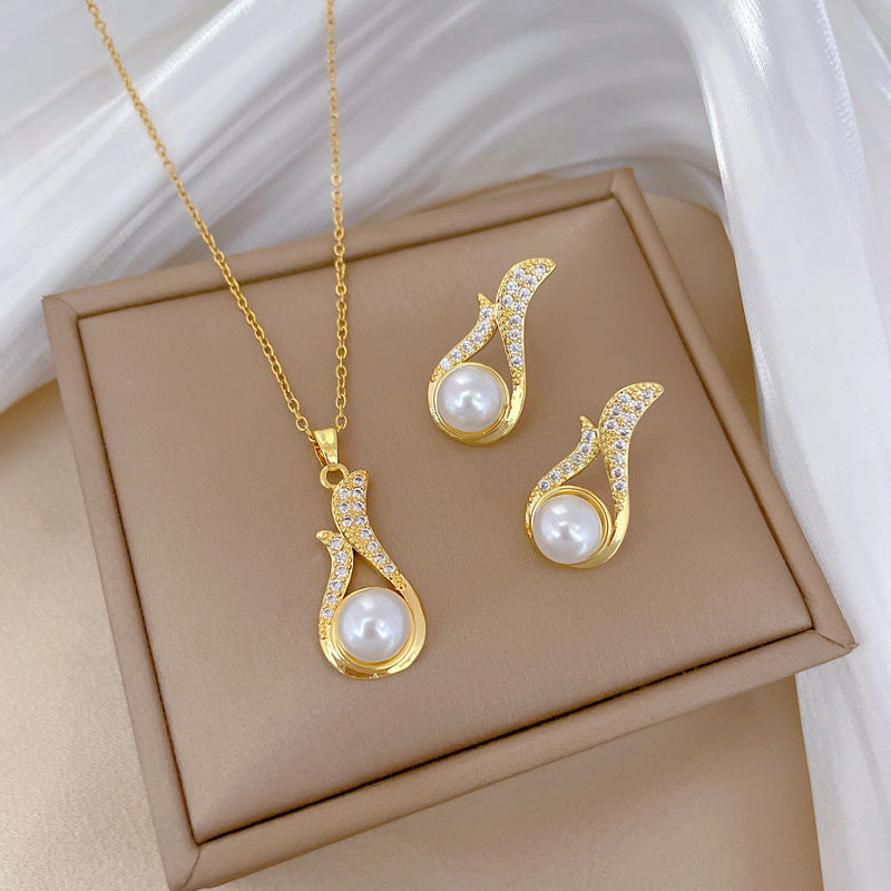 Necklace And Earrings Suite Light Luxury Full Diamond Pearl Weloria