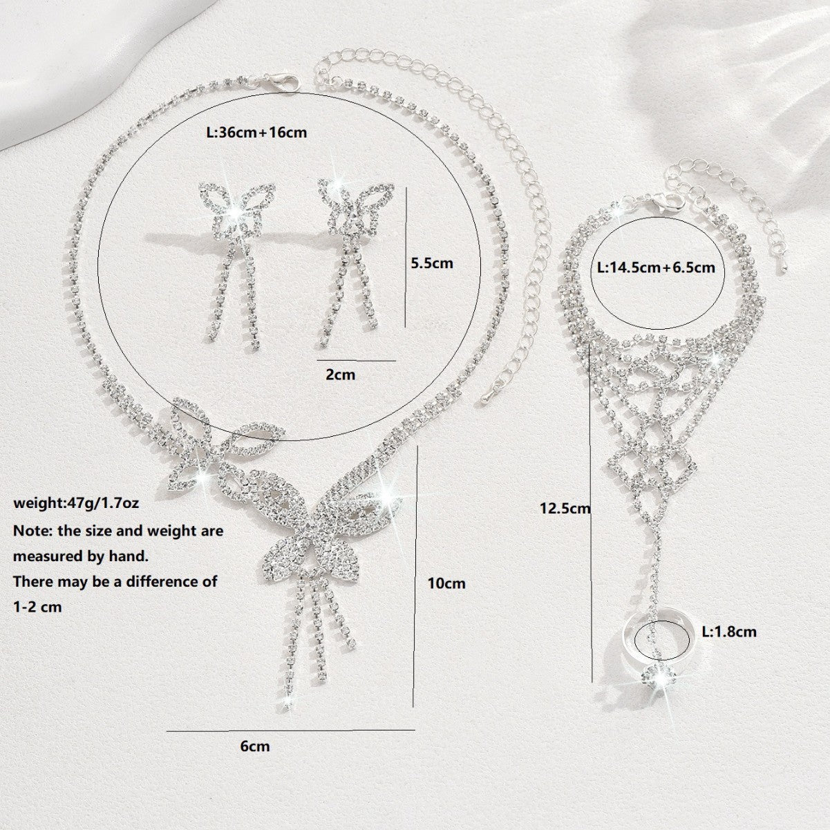 Butterfly Tassel Rhinestone Necklace Earring Bracelet 3 Pieces Suit Weloria