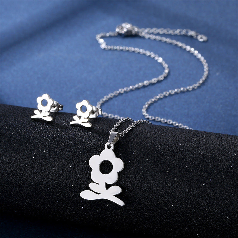 Stainless Steel Necklace Ear Stud Combination Suit Weloria
