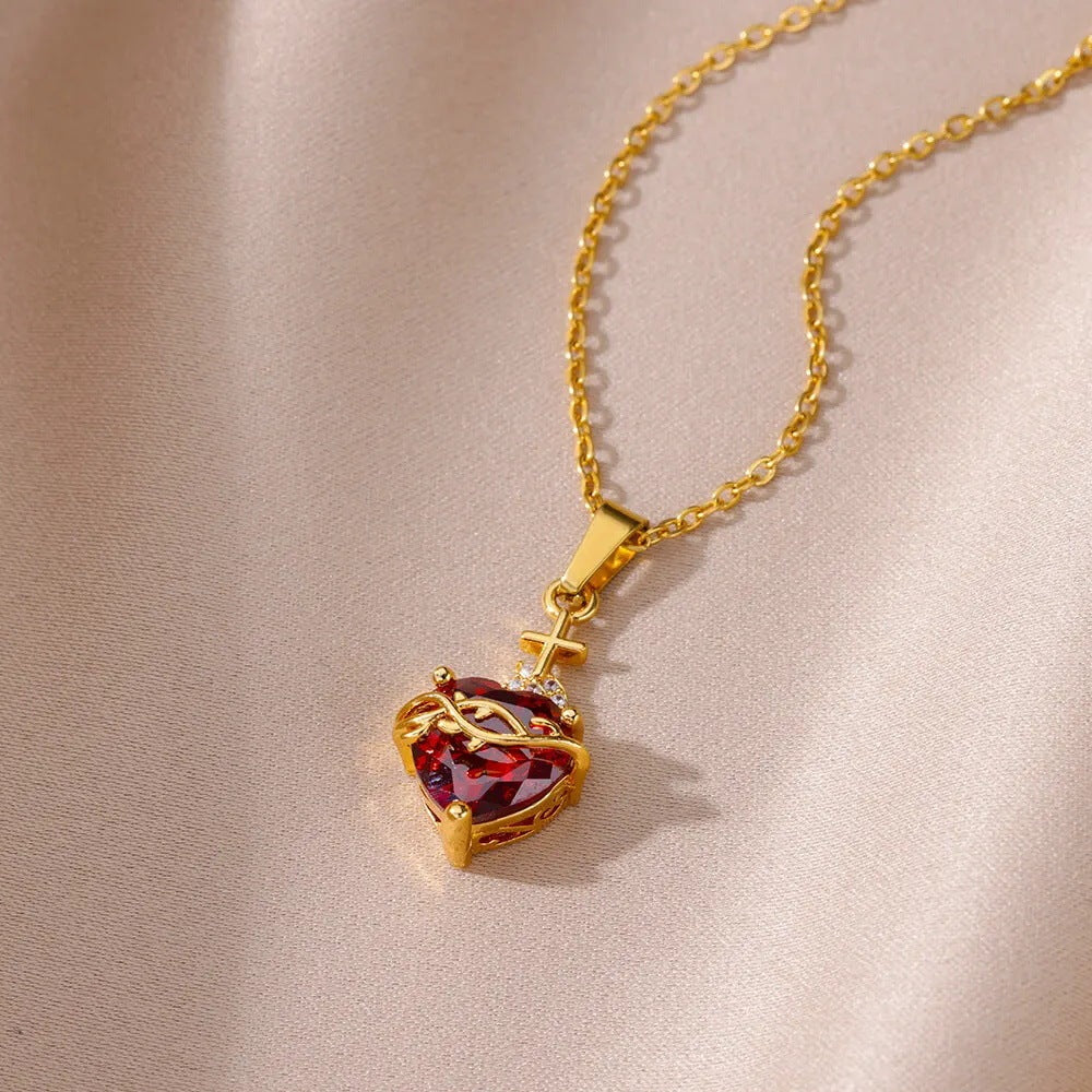 New Heart-shaped Cross Zircon Necklace Red Pendant Female Personality Weloria