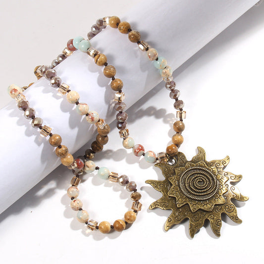 Glass Knotted Necklace Ancient Cyan Sun Pendant Necklace Sweater Chain Weloria