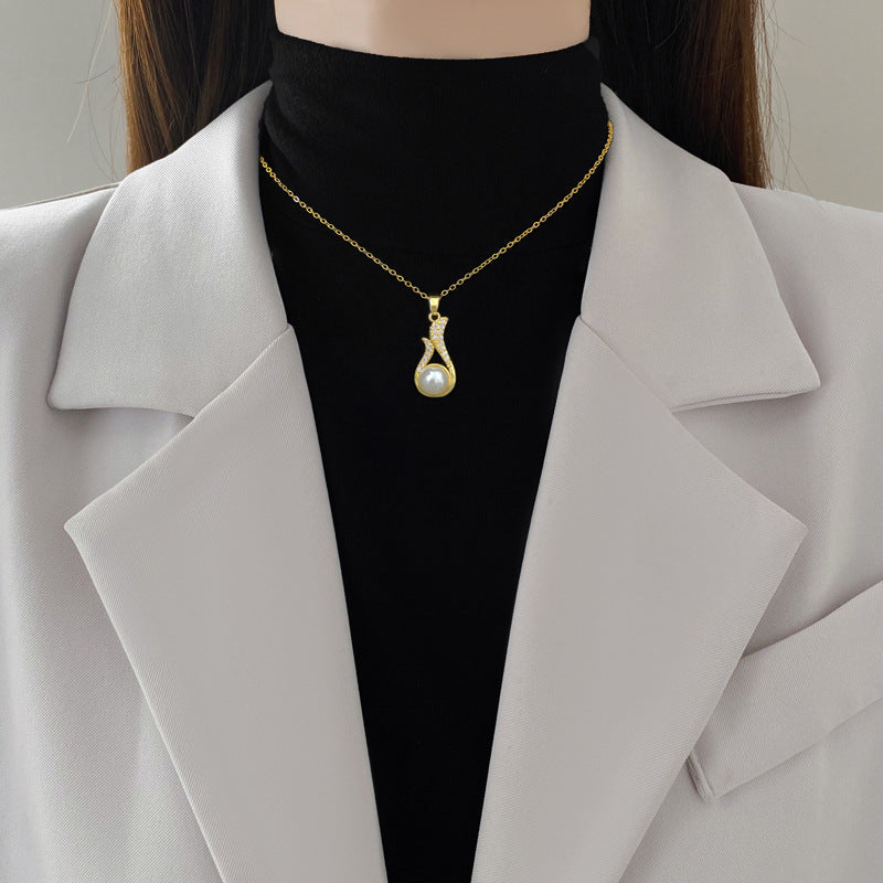 Necklace And Earrings Suite Light Luxury Full Diamond Pearl Weloria