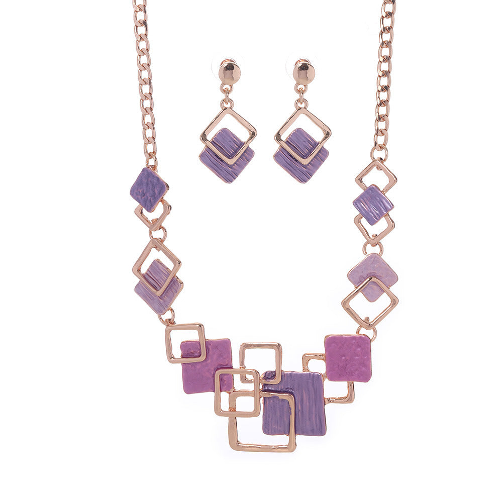 Necklace And Earrings Kit Zinc Alloy Geometric Square Color Oil Necklace Hollow Female Weloria