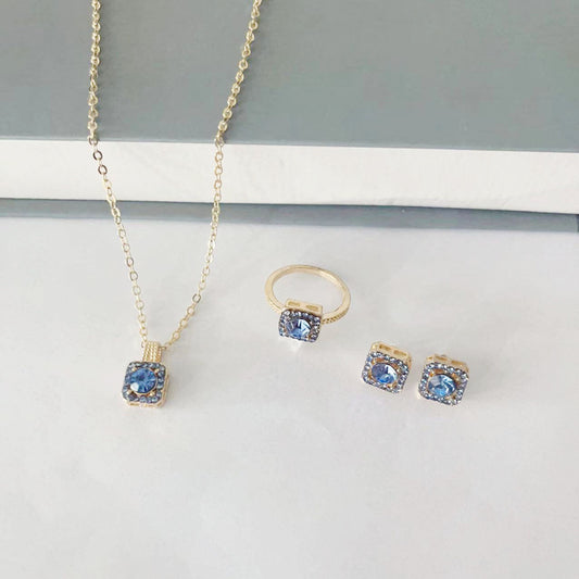 Square Women's Fashion Simple Necklace Rings Ear Studs Three-piece Set Weloria