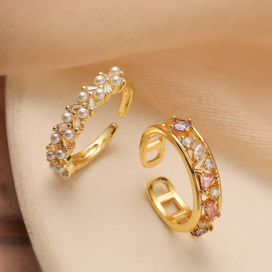 European And American Special Interest Light Luxury Copper Plating 18K Gold Zircon Pearl Geometric Adjustable Ring For Women Weloria