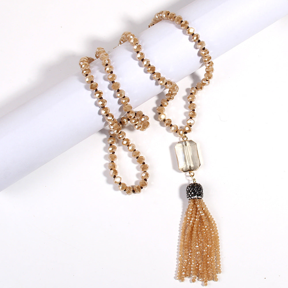 Crystal Glass Necklace Square Glass With Glass Tassel Necklace Sweater Chain Weloria