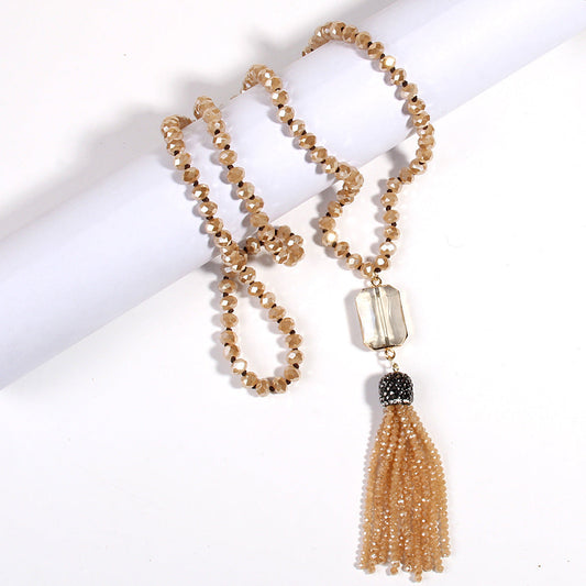 Crystal Glass Necklace Square Glass With Glass Tassel Necklace Sweater Chain Weloria