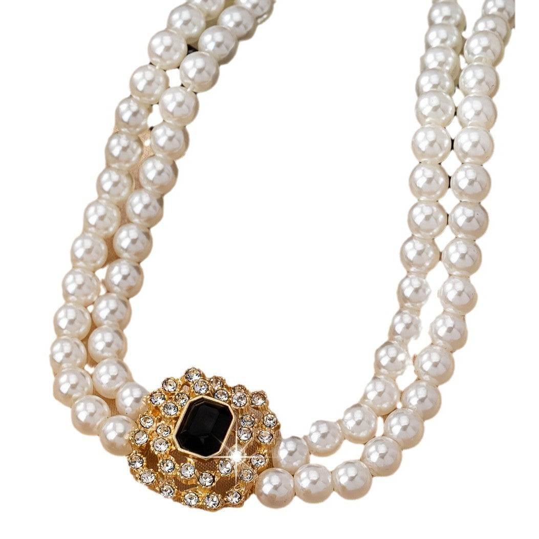 Stylish Elegant Double Row Pearl Square Diamond-studded Necklace Earings Set Weloria