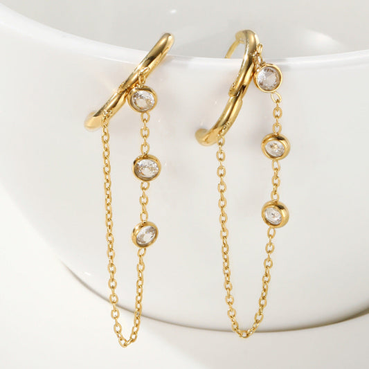 Internet Hot Chain Zircon Tassel Titanium Steel Earrings Weloria