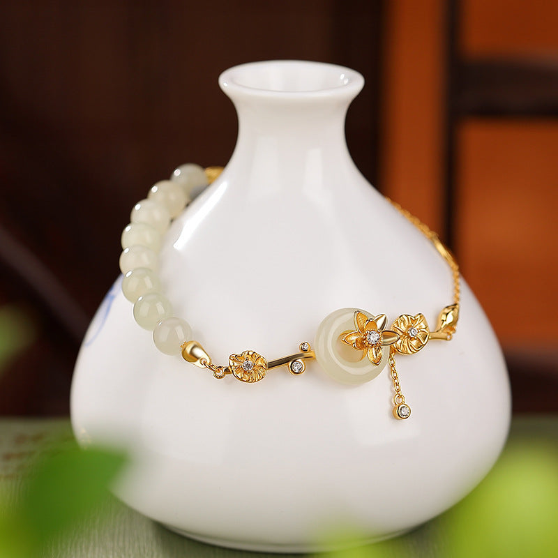 Hetian Jade Lotus Peace Buckle Antique Elegant Graceful Bracelet Weloria