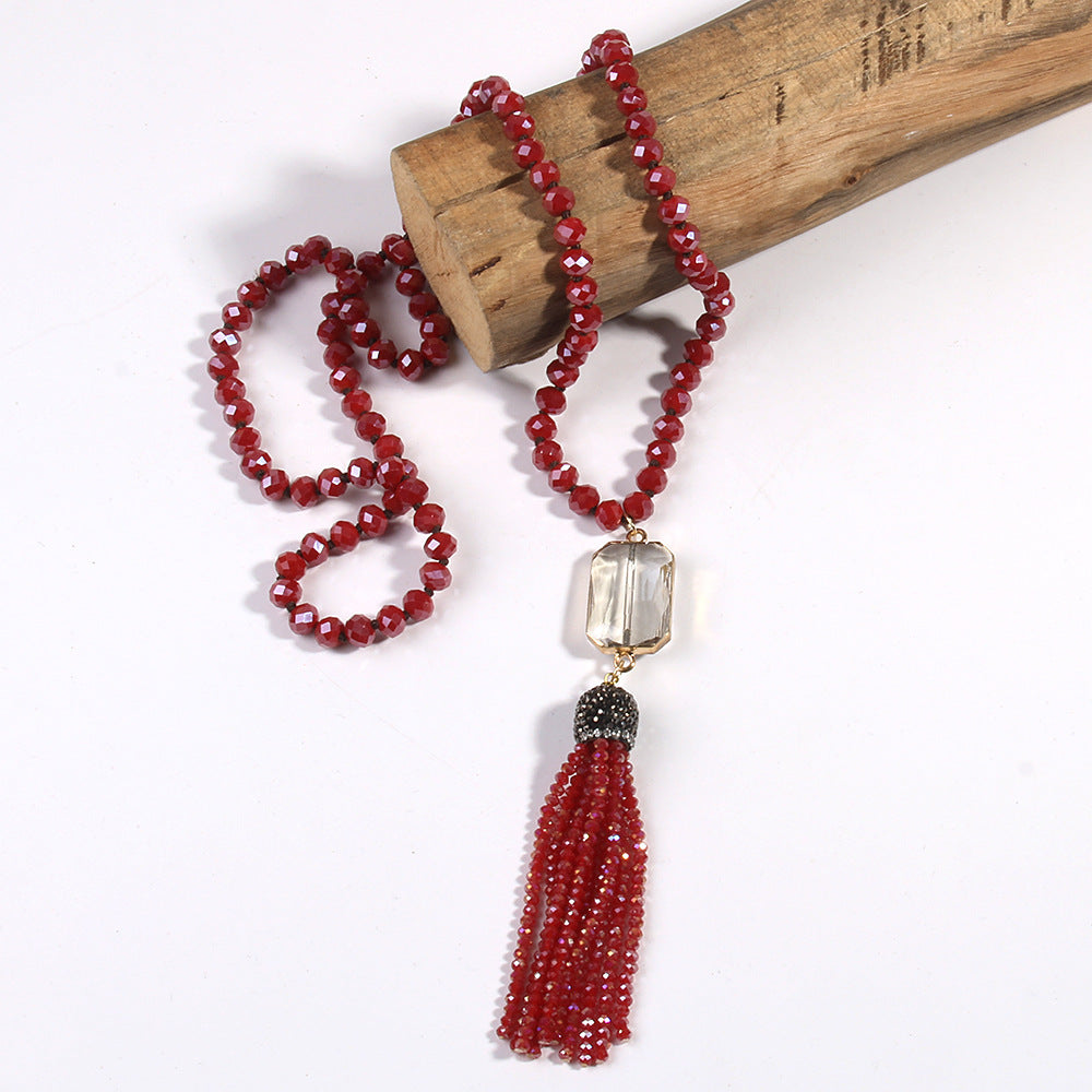 Crystal Glass Necklace Square Glass With Glass Tassel Necklace Sweater Chain Weloria