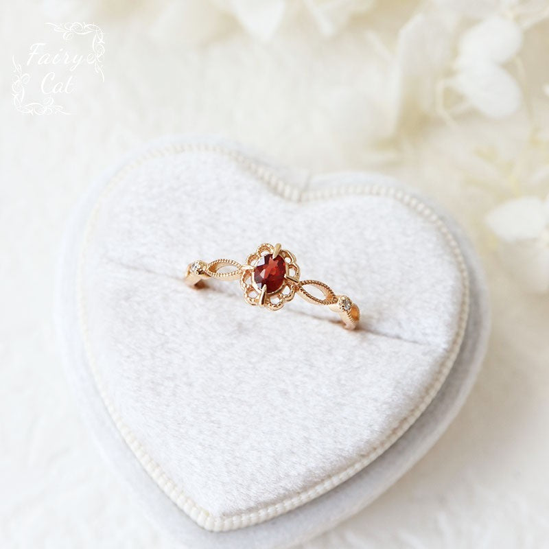 Natural Garnet Picture Frame Hollow Lace Flower Ring Weloria
