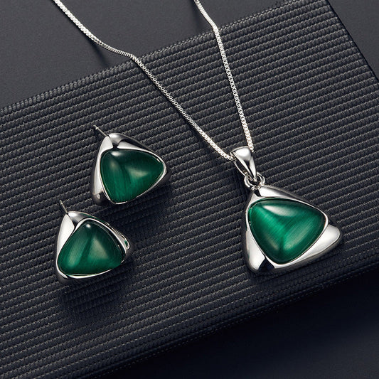 Geometric Triangle Cat-eye Necklace And Earrings Suite Weloria
