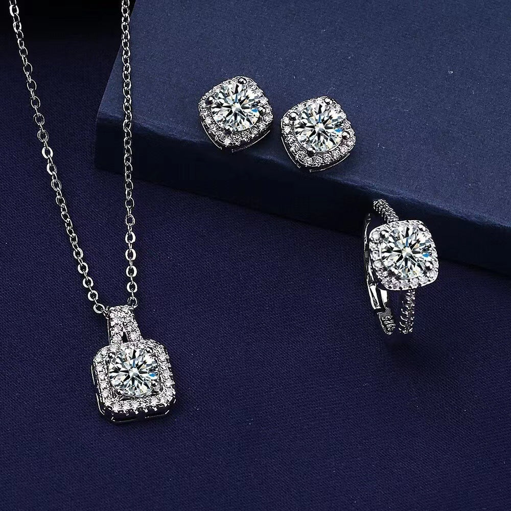 Square Women's Fashion Simple Necklace Rings Ear Studs Three-piece Set Weloria