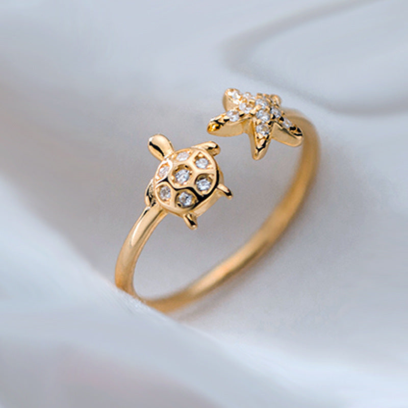 Graceful Mori Inlaid Zircon Cute Animal Turtle Starfish Ring For Women Weloria