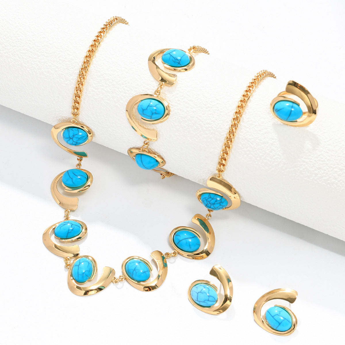 Inlaid Turquoise Spiral Earrings Necklace Bracelet Ring Set Weloria