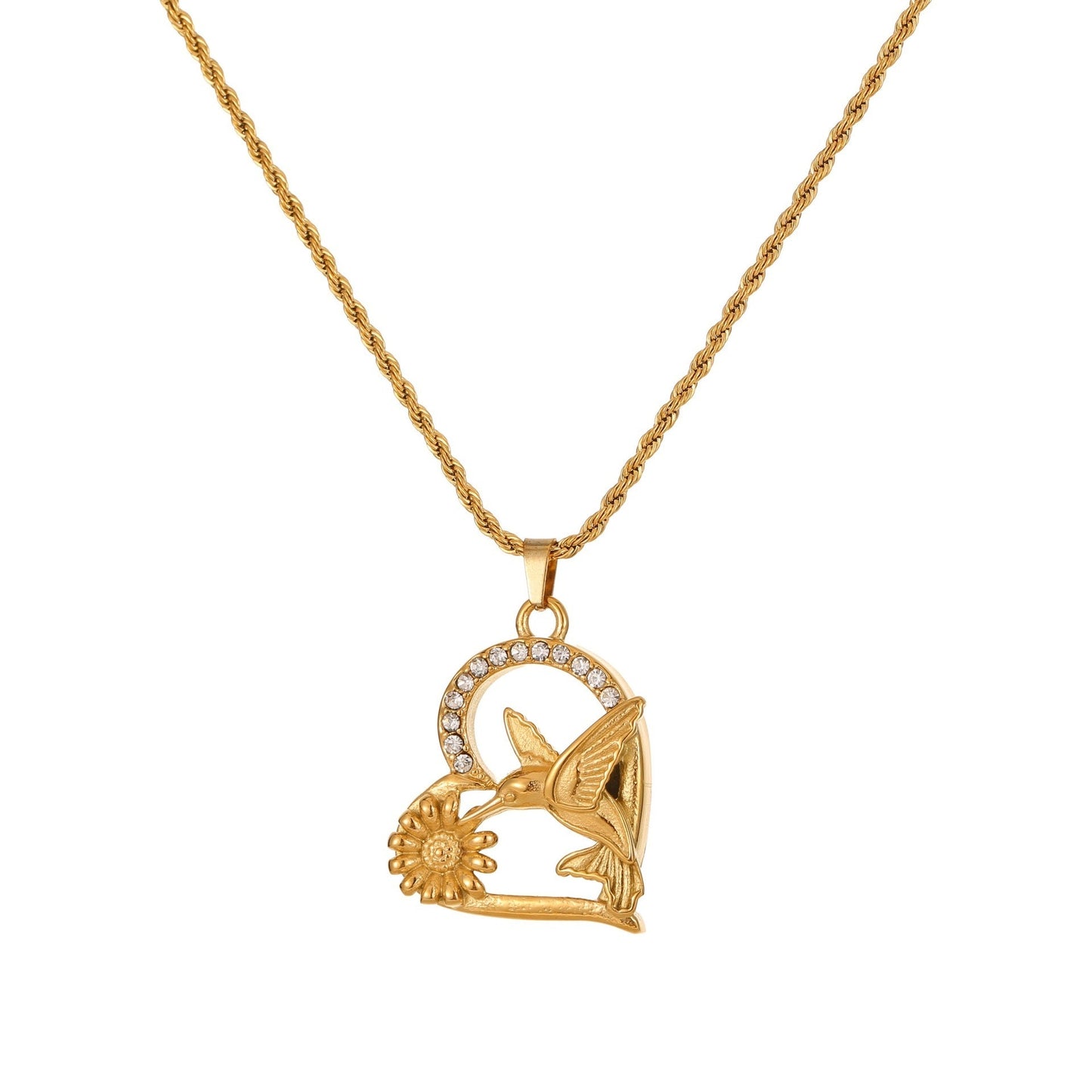 Design Sense Hummingbird Flowers Print Pendant Gold-plated Titanium Steel Weloria