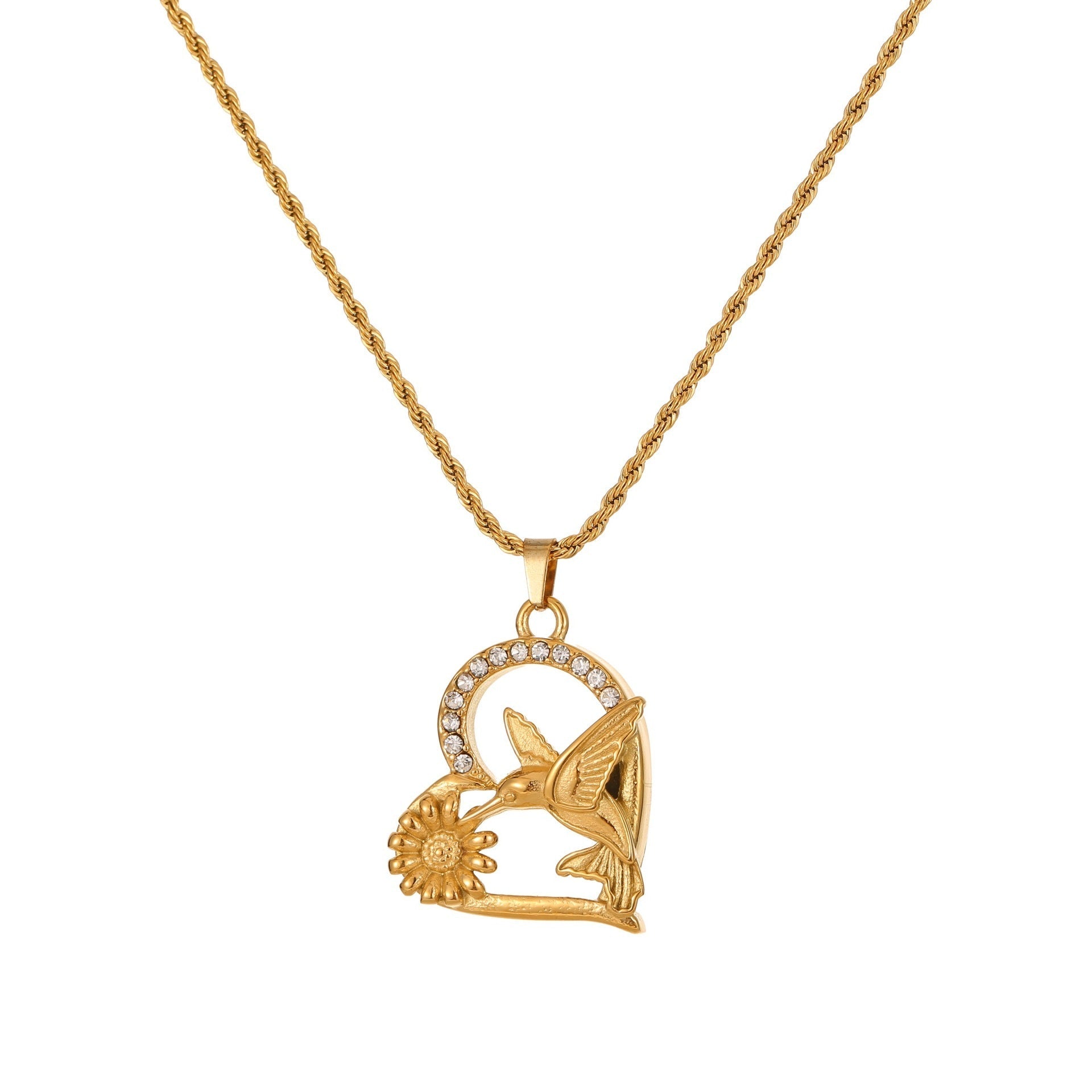 Design Sense Hummingbird Flowers Print Pendant Gold-plated Titanium Steel Weloria
