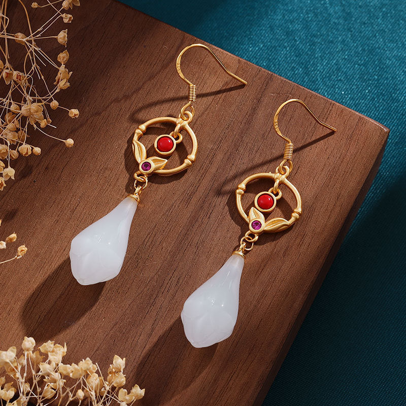 Design Silver Plated Retro Magnolia Long Earrings Weloria