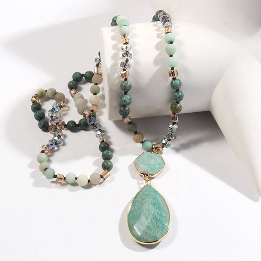 Natural Stone Glass Knotted Necklace Hexagonal Water Drop Stone Pendant Necklace Weloria