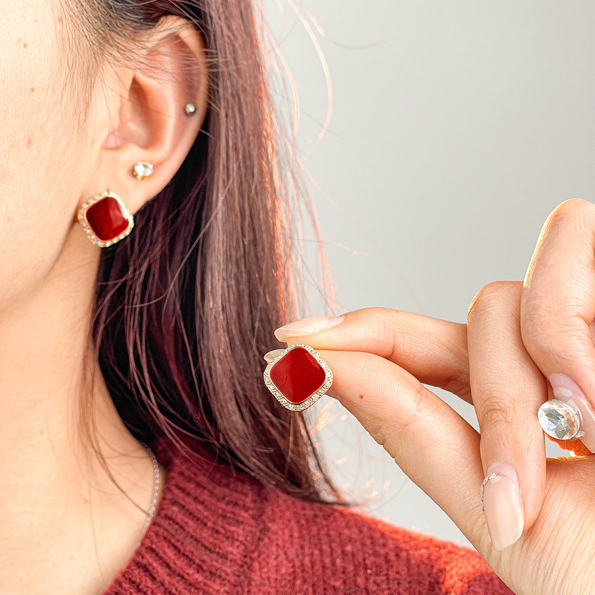 Retro Red Plate Temperament Inlaid Square Simple And Stylish Earrings Weloria