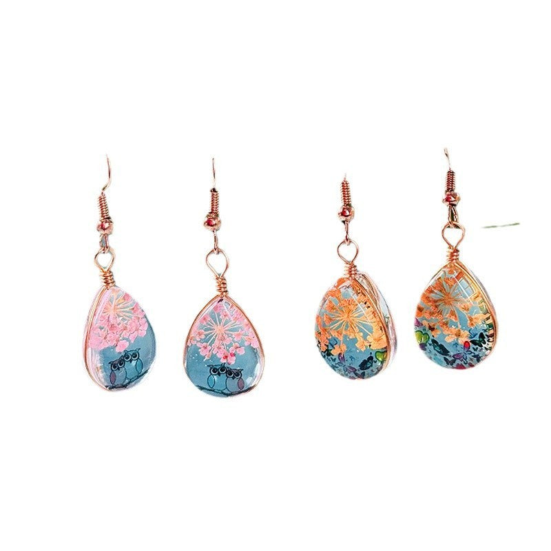 Water Drop-shaped Glass Eardrops Bird Language And Flower Fragrance Owl Weloria