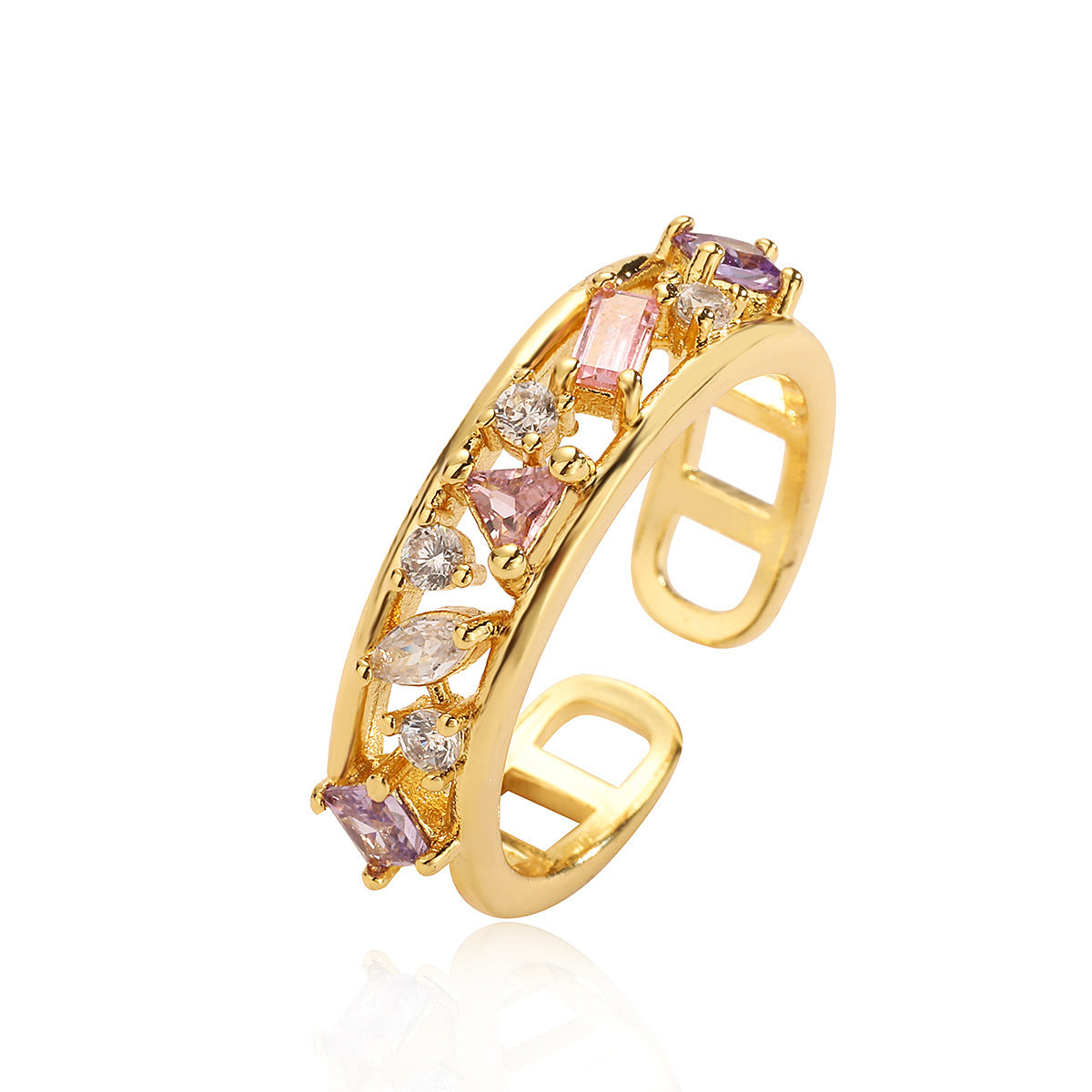 European And American Special Interest Light Luxury Copper Plating 18K Gold Zircon Pearl Geometric Adjustable Ring For Women Weloria
