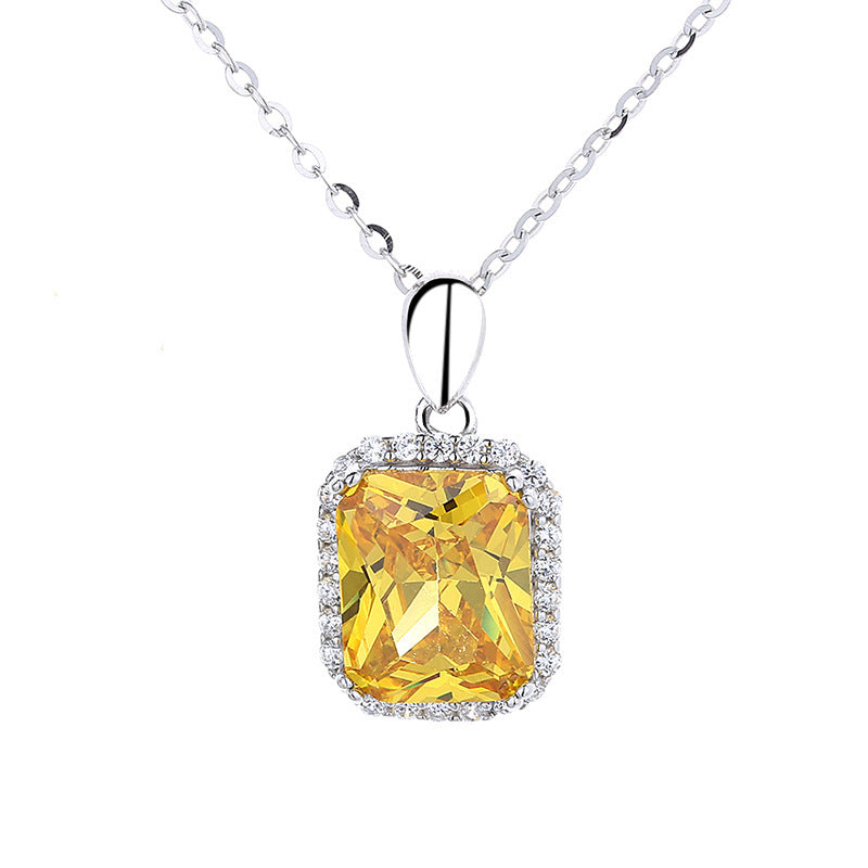 S925 Sterling Silver Princess Square Yellow Diamond Necklace Earrings Weloria