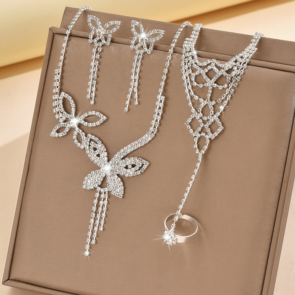 Butterfly Tassel Rhinestone Necklace Earring Bracelet 3 Pieces Suit Weloria