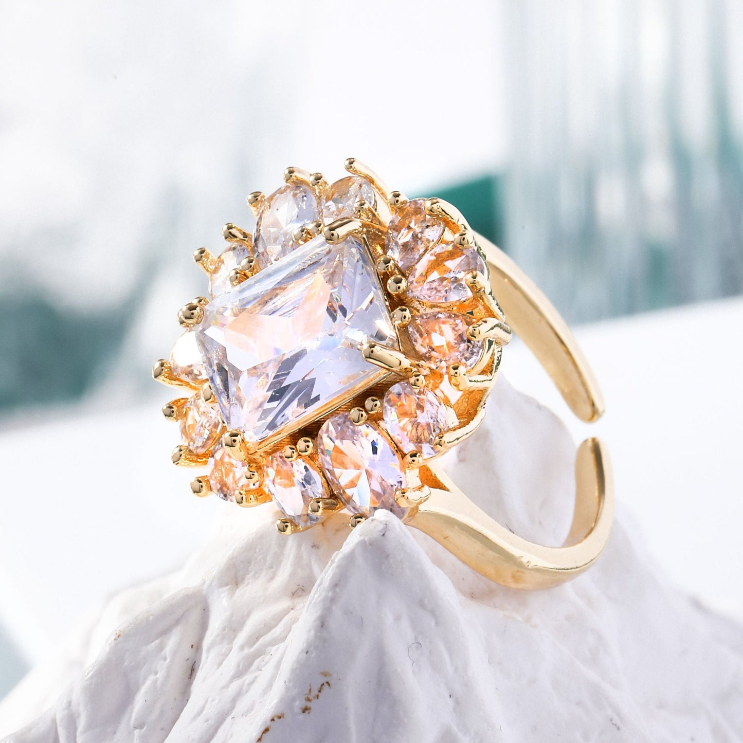 Copper Inlaid Zircon Square Ring Exquisite Temperament Entry Lux High Sense Weloria