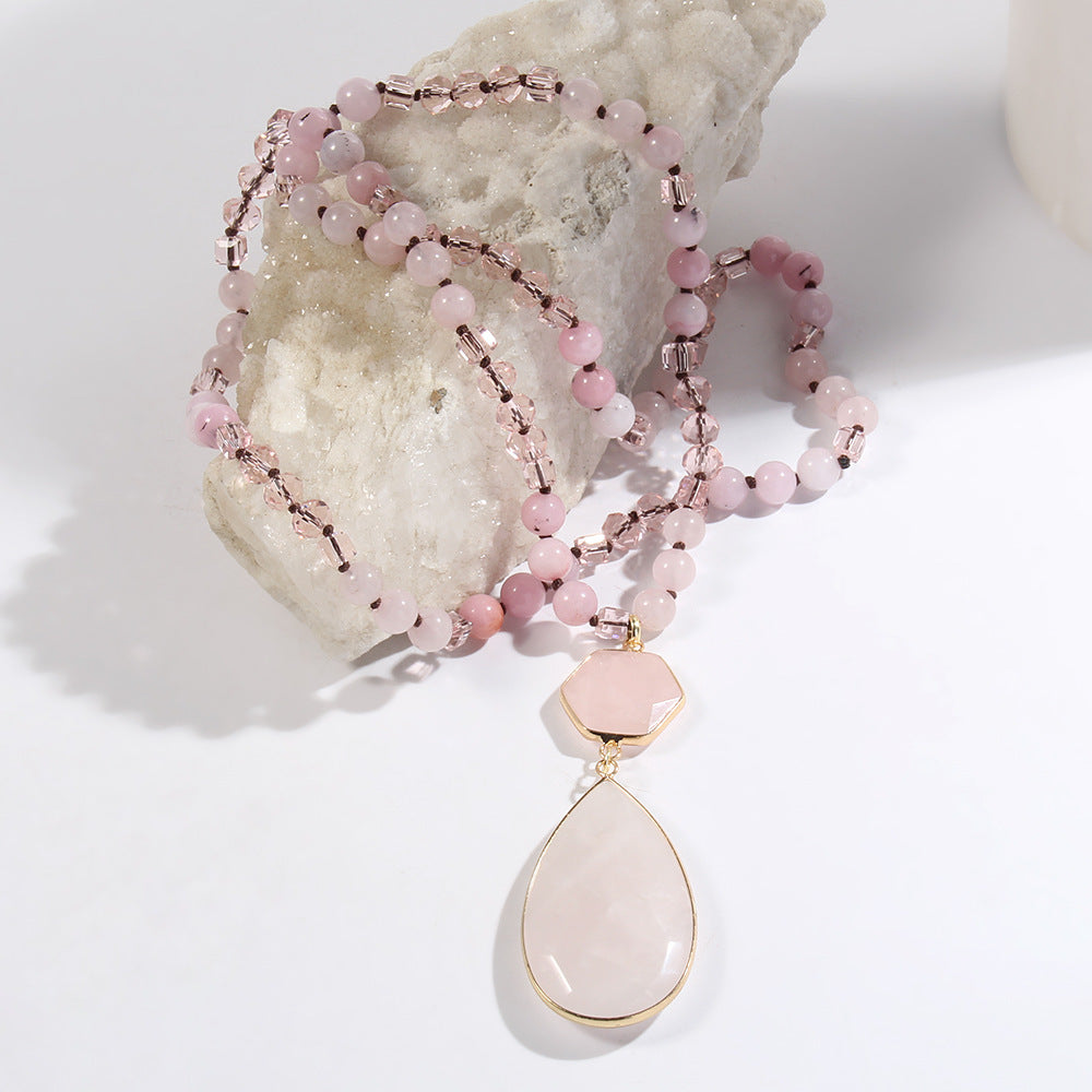 Natural Stone Glass Knotted Necklace Hexagonal Water Drop Stone Pendant Necklace Weloria