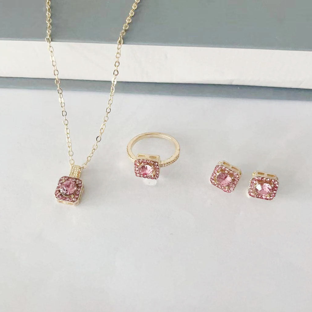 Square Women's Fashion Simple Necklace Rings Ear Studs Three-piece Set Weloria