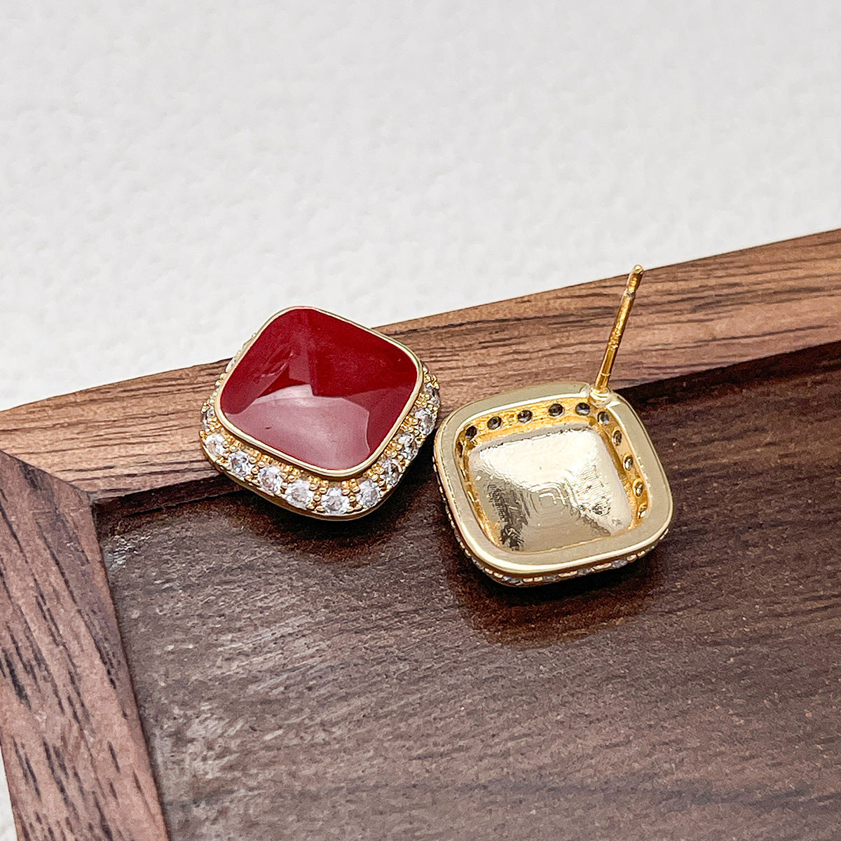 Retro Red Plate Temperament Inlaid Square Simple And Stylish Earrings Weloria