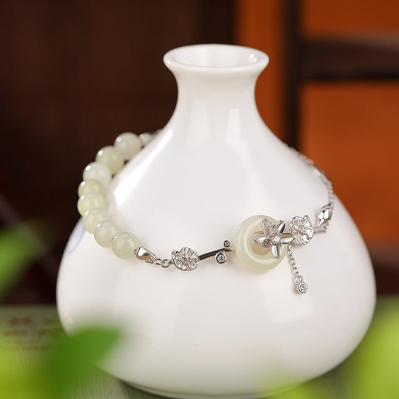 Hetian Jade Lotus Peace Buckle Antique Elegant Graceful Bracelet Weloria