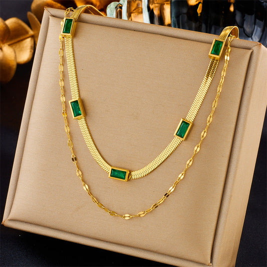 Fashion Retro High Class Elegant Double Layer Twin Blade Clavicle Chain Square Diamond Accessories Necklace Weloria