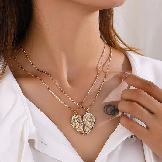 Real Gold Electroplated Jesus Pattern Two-half Love Pendant Twin Clavicle Chain Weloria