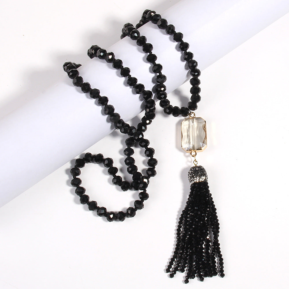 Crystal Glass Necklace Square Glass With Glass Tassel Necklace Sweater Chain Weloria
