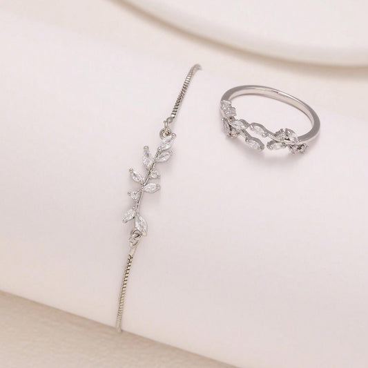 2pcs Fashion Silver Horse Eye Crystal Zircon Leaf Bracelet And Ring,Pulling Bracelet Suitable For Women's Daily Holiday Outfits Weloria