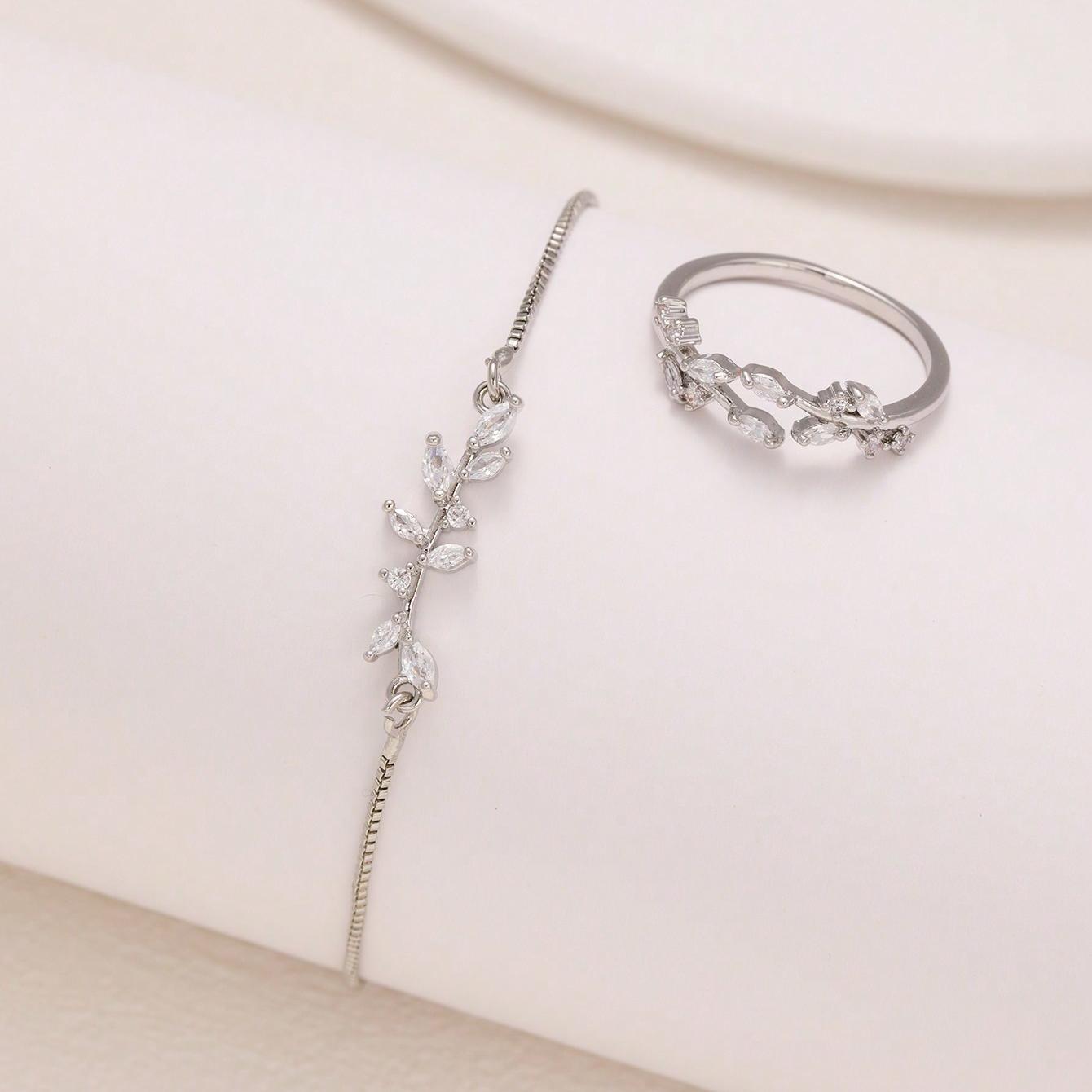 2pcs Fashion Silver Horse Eye Crystal Zircon Leaf Bracelet And Ring,Pulling Bracelet Suitable For Women's Daily Holiday Outfits Weloria