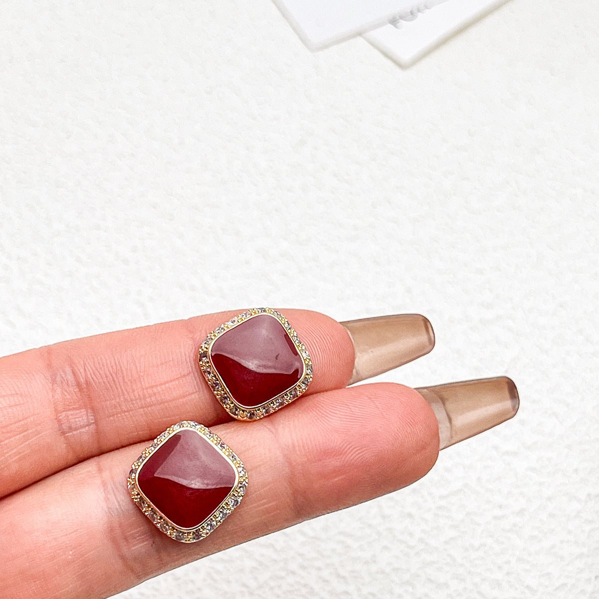 Retro Red Plate Temperament Inlaid Square Simple And Stylish Earrings Weloria