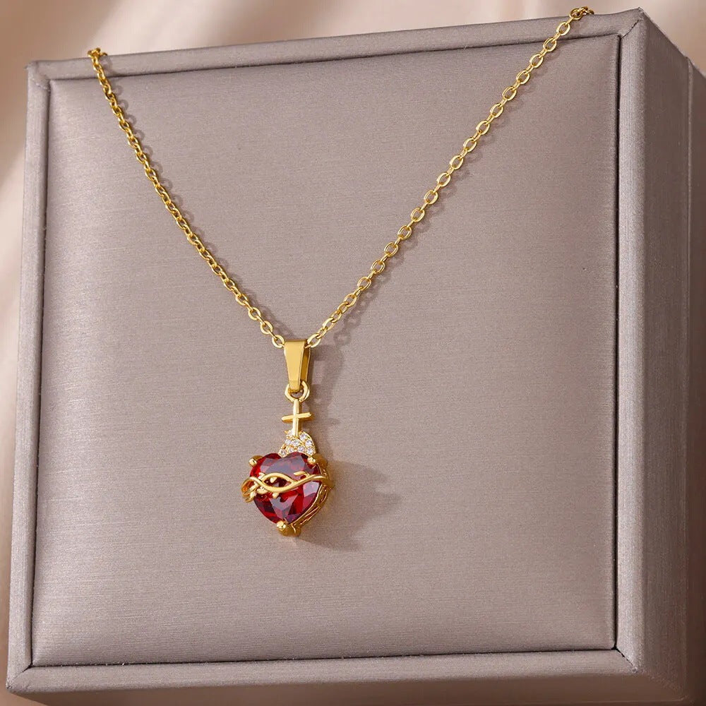 New Heart-shaped Cross Zircon Necklace Red Pendant Female Personality Weloria