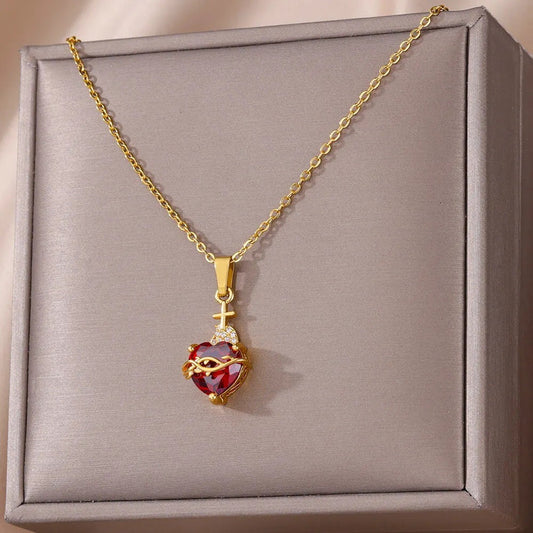 New Heart-shaped Cross Zircon Necklace Red Pendant Female Personality Weloria
