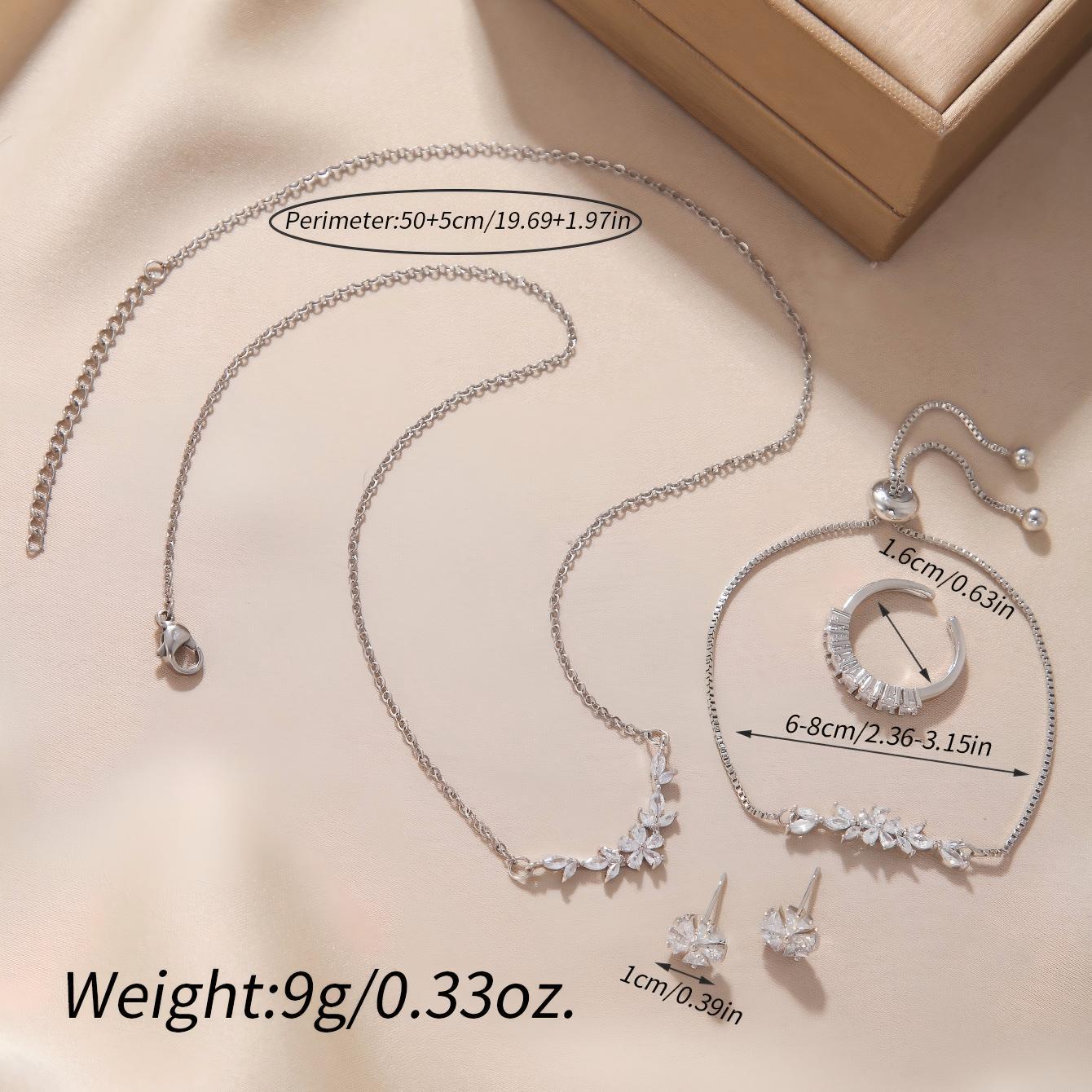 Simple Elegant Zircon Inlaid Jewelry Set Silver Flower Necklace Exquisite Earrings Bracelet Ring Suitable For Women's Daily Holiday Wear Weloria