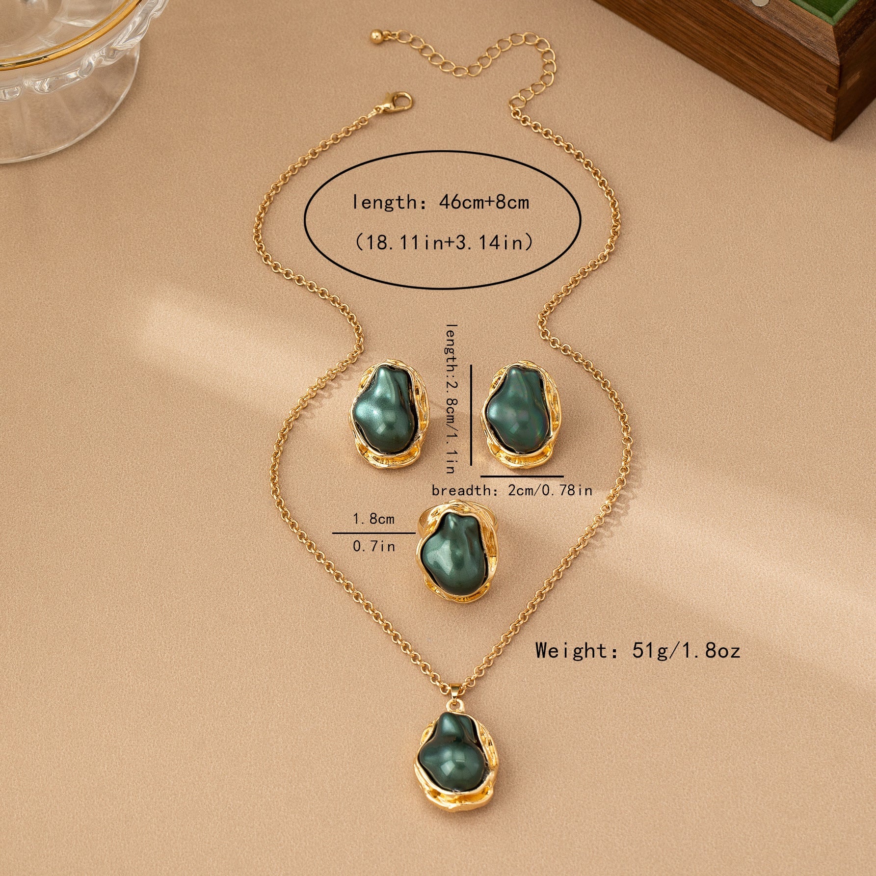 Retro Green Irregular Inlaid Imitation Pearl Necklace Ear Stud And Ring Weloria