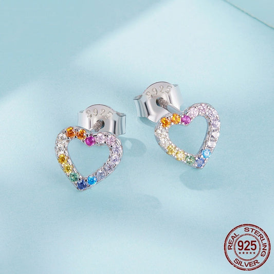 S925 Sterling Silver Colorful Heart-shaped Zircon Stud Earrings Weloria