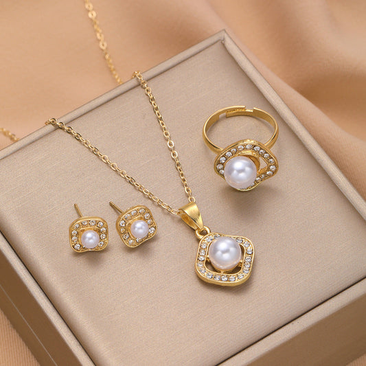 Fashion Rhinestone Pearl Square Necklace Suit Weloria