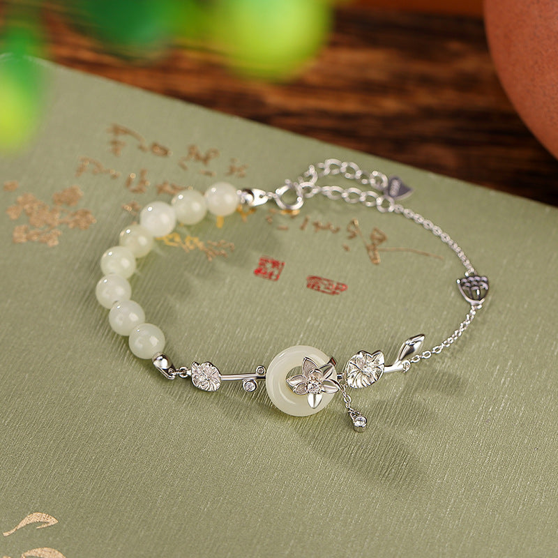 Hetian Jade Lotus Peace Buckle Antique Elegant Graceful Bracelet Weloria